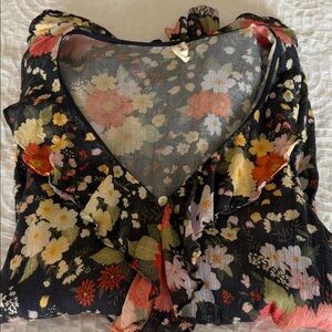 SPELl Floral V-Neck Ruffle Long-Sleeve Top - Navy with Pink & White Flowers